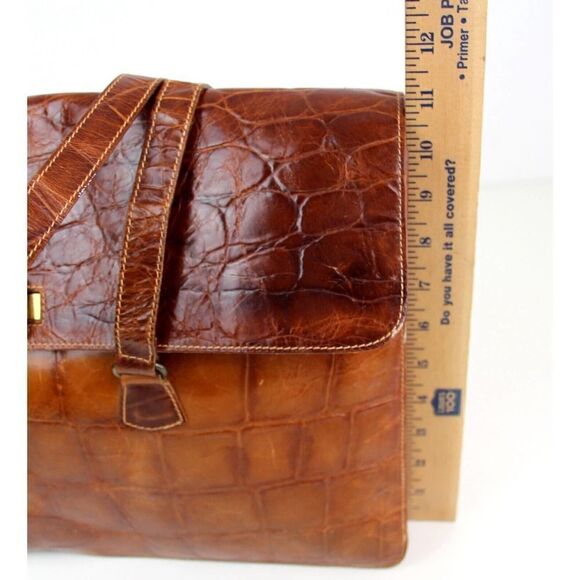FURLA ITALY TAN BROWN CROCO PRINT GENUINE LEATHER FLAP BUSINES SHOULDER BAG - Picture 11 of 12